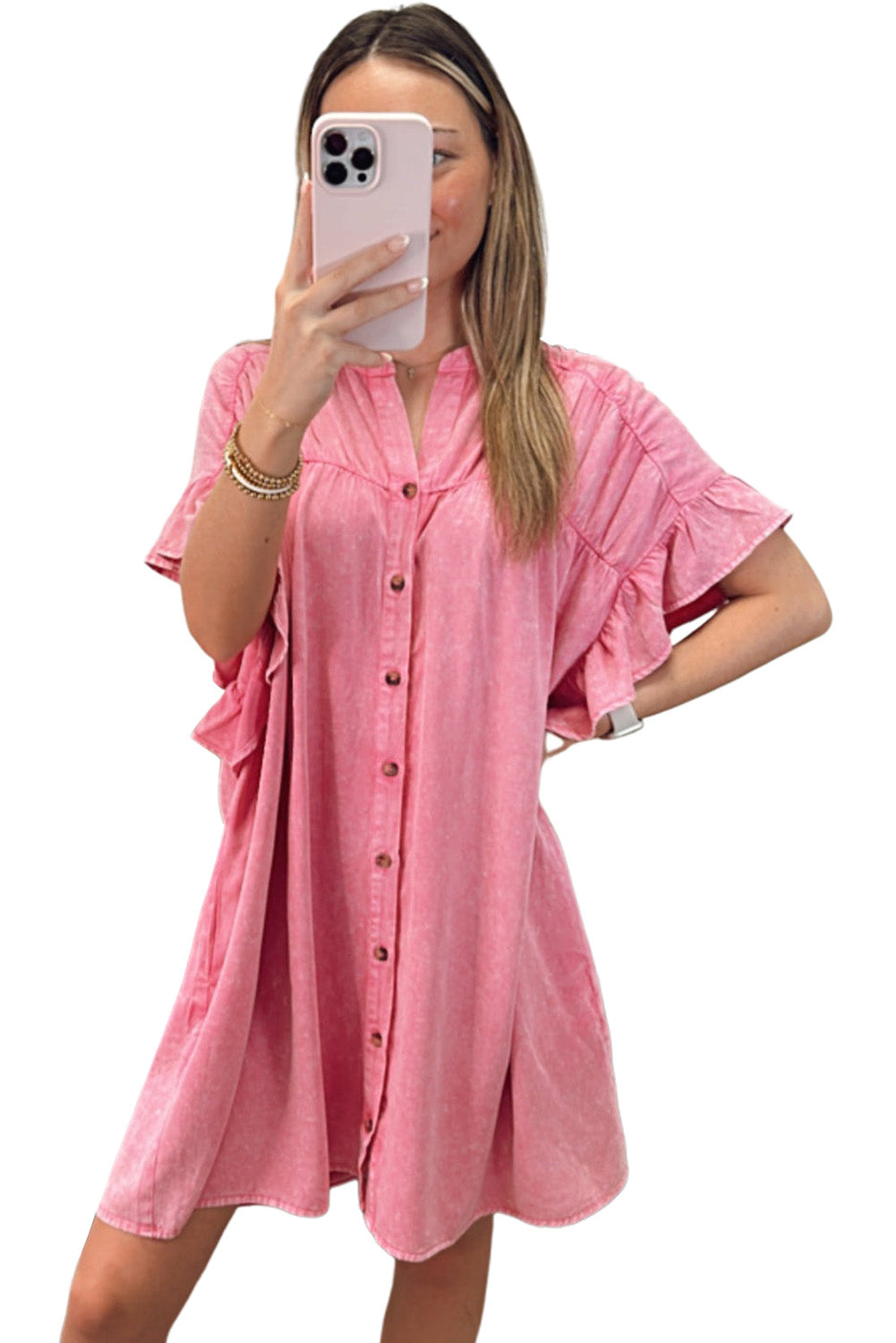 Pink Washed Ruffle Short Sleeve Ruched Denim Mini Dress