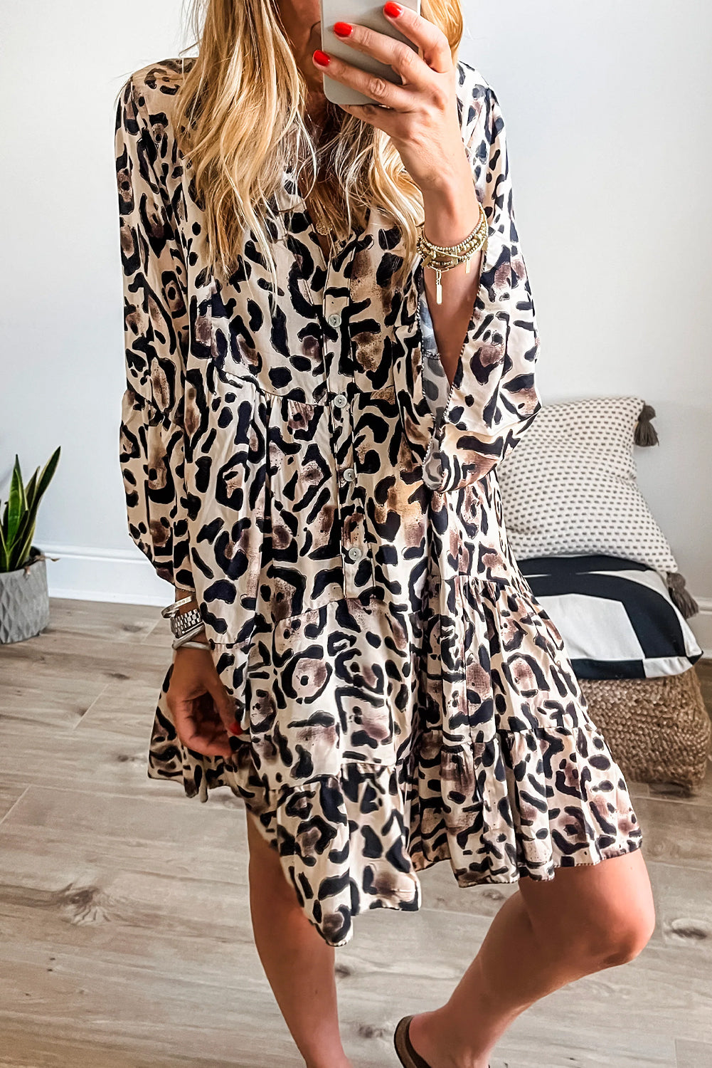 Black Leopard Button V Neck Flowy Mini Dress  SavvyRoseBoutique