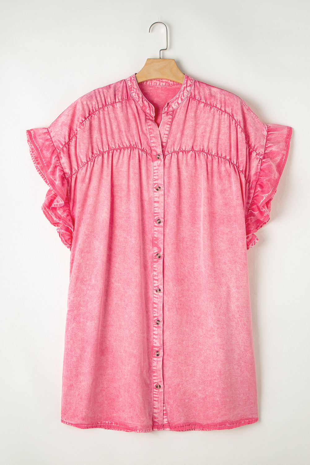 Pink Washed Ruffle Short Sleeve Ruched Denim Mini Dress