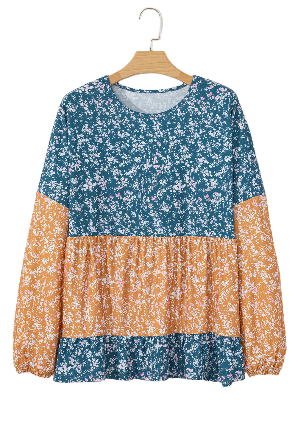 Blue Ditsy Floral Color Block Ruffle Hem Long Sleeve Top