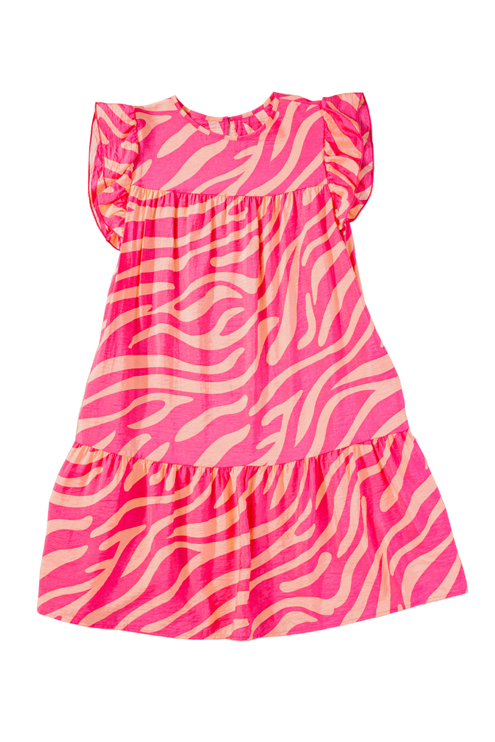 Pink Zebra Stripe Print Ruffle Trim Pocketed Mini Dress