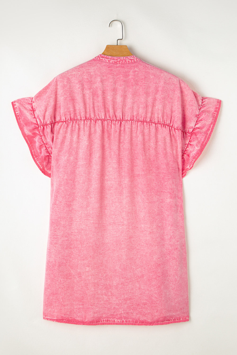 Pink Washed Ruffle Short Sleeve Ruched Denim Mini Dress