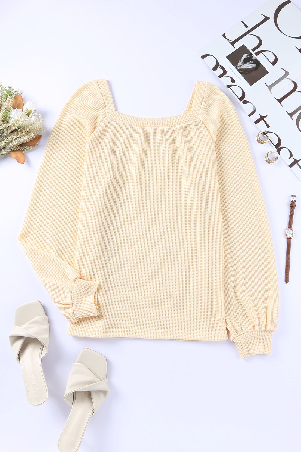 Apricot Waffle Texture Square Neck Pullover Top