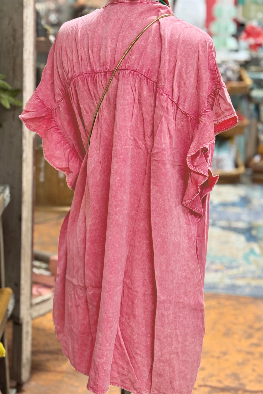Pink Washed Ruffle Short Sleeve Ruched Denim Mini Dress