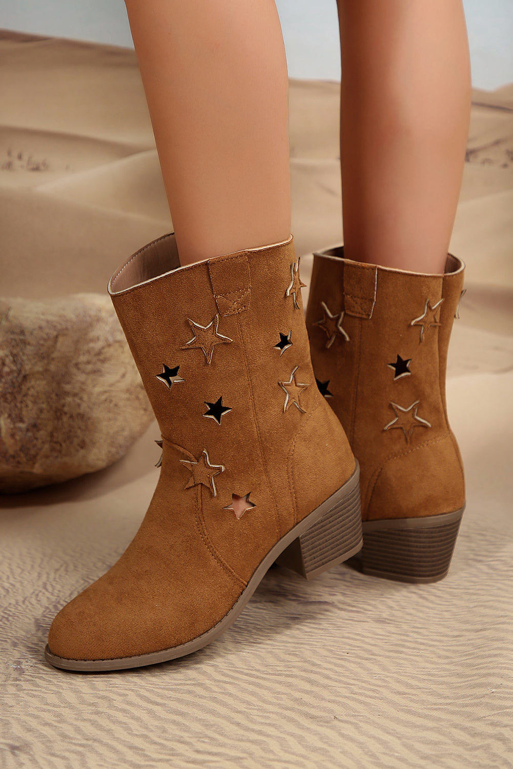 Beige Star Decor Suede Chunky Heel Boots