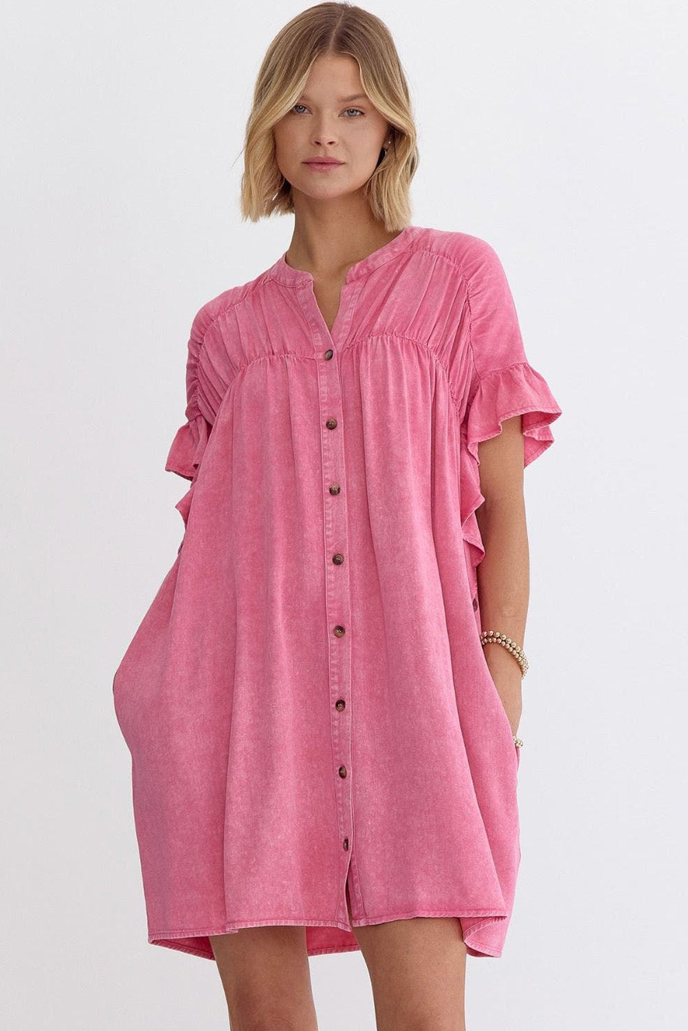 Pink Washed Ruffle Short Sleeve Ruched Denim Mini Dress
