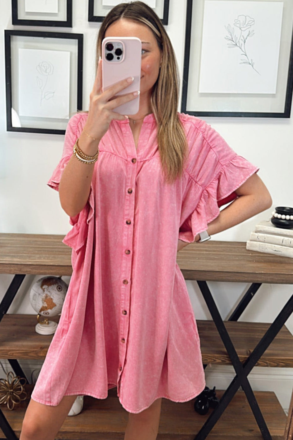 Pink Washed Ruffle Short Sleeve Ruched Denim Mini Dress