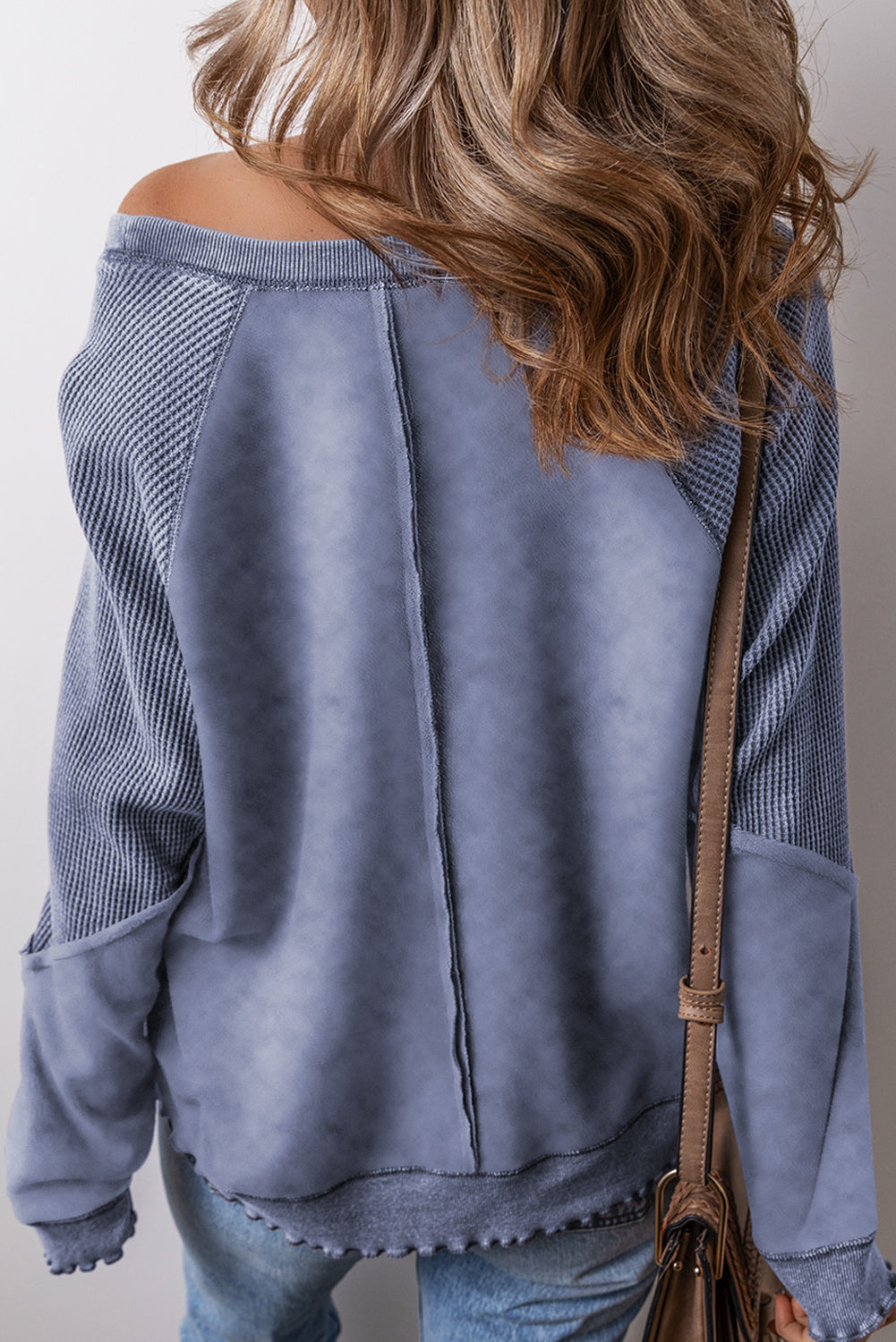 Orchid Petal Waffle Patchwork Raglan Sleeve Exposed Seam Sweatshirt