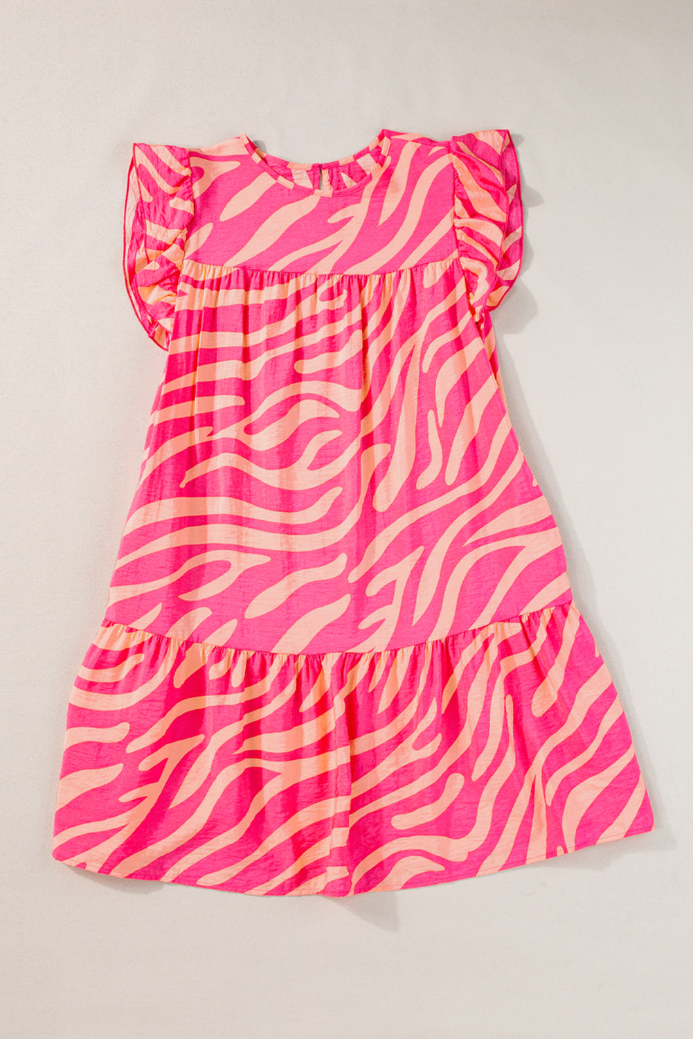 Pink Zebra Stripe Print Ruffle Trim Pocketed Mini Dress