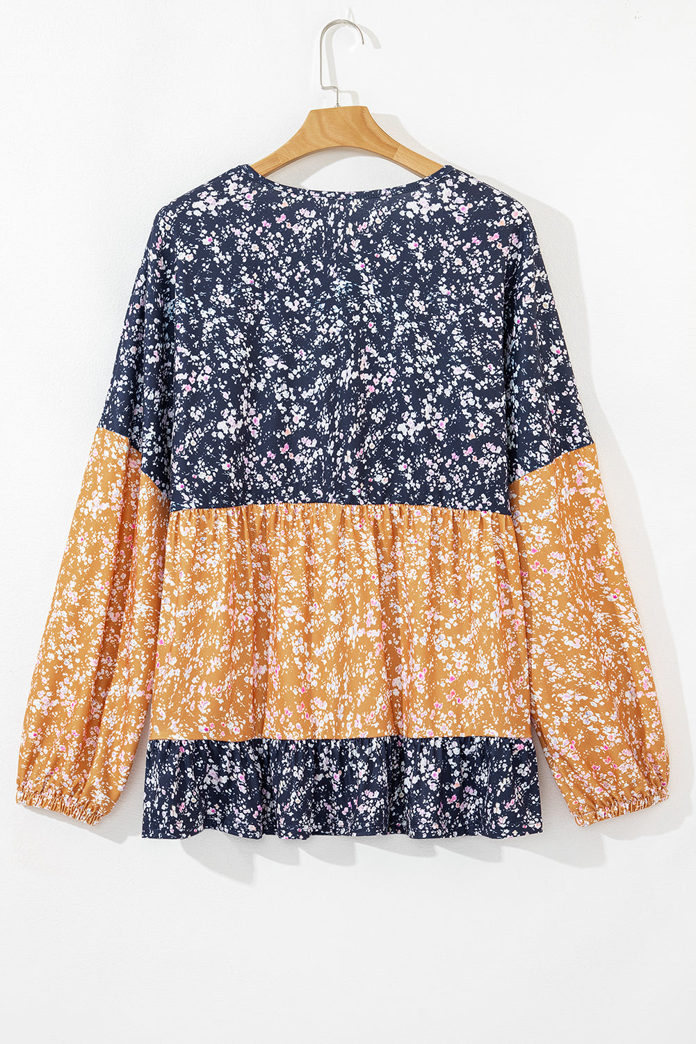 Blue Ditsy Floral Color Block Ruffle Hem Long Sleeve Top
