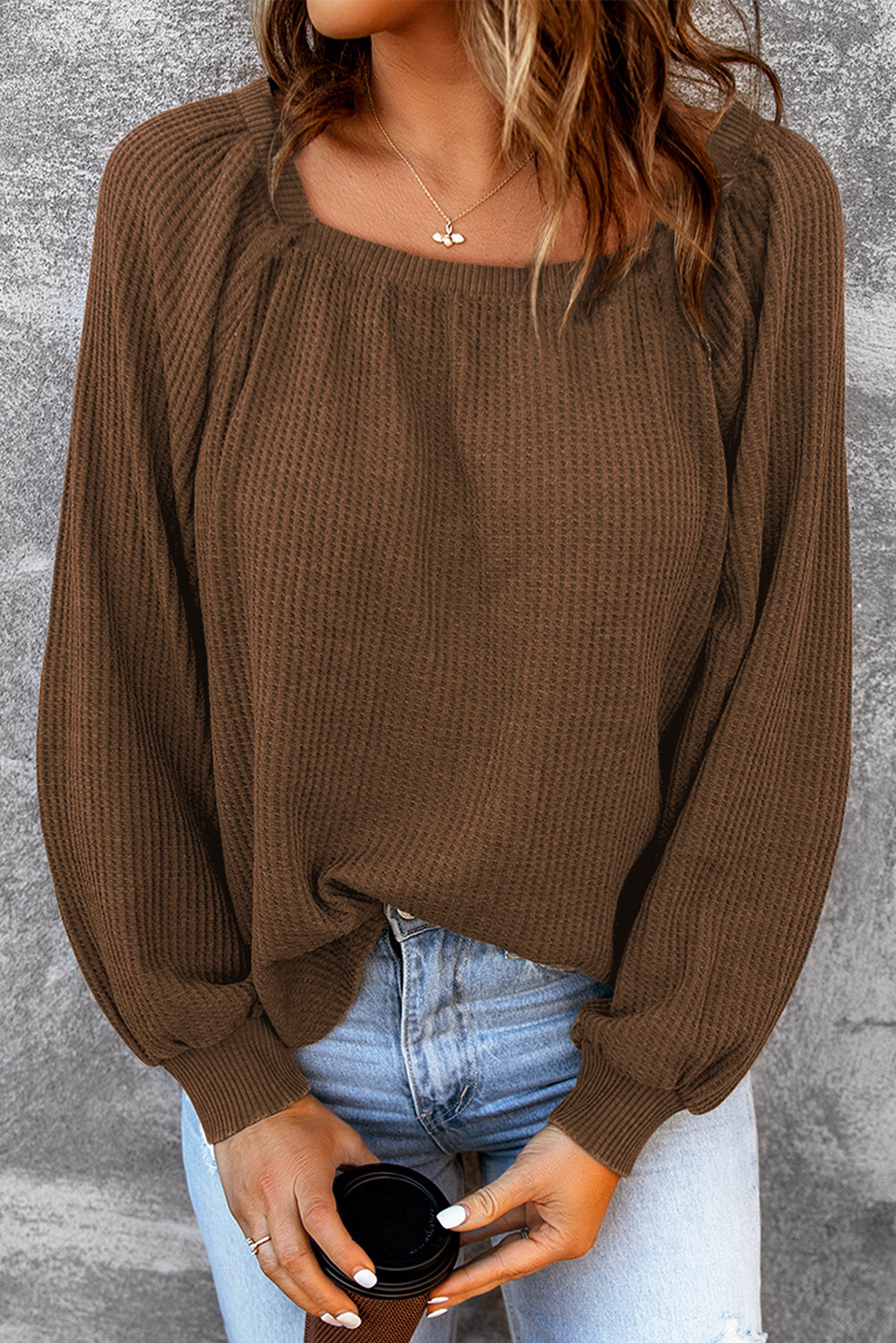 Apricot Waffle Texture Square Neck Pullover Top