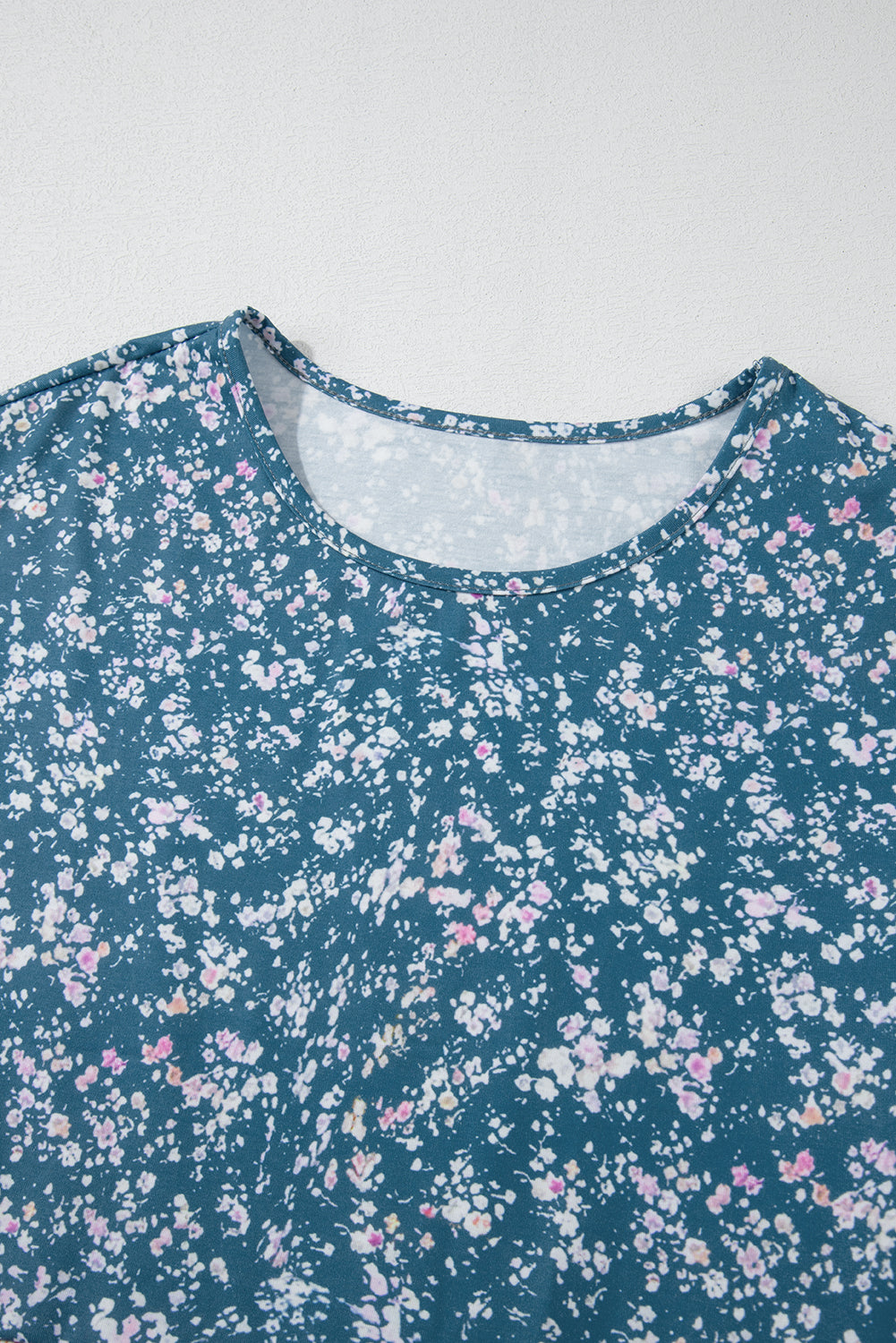 Blue Ditsy Floral Color Block Ruffle Hem Long Sleeve Top