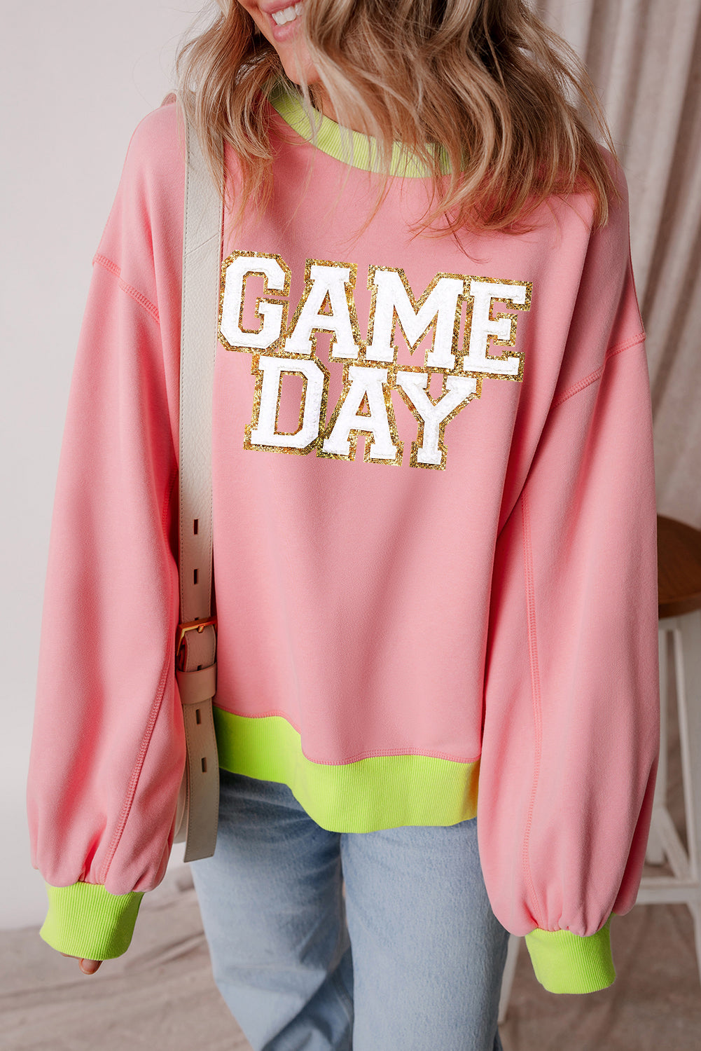 Pink GAME DAY Graphic Color Block Crew Neck Sweatshirt