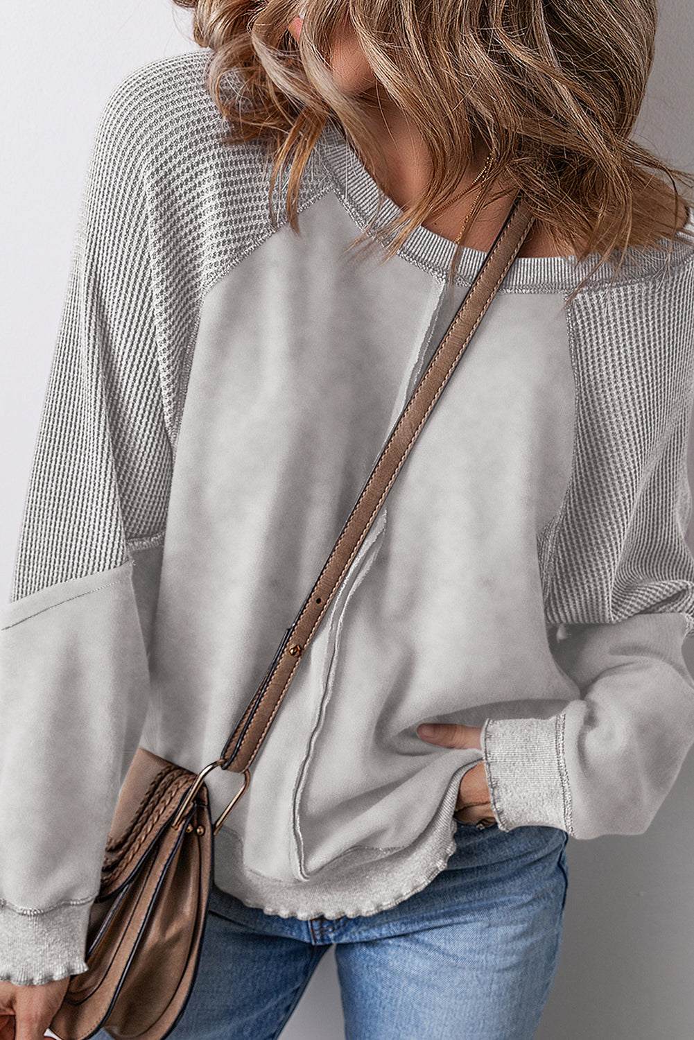 Orchid Petal Waffle Patchwork Raglan Sleeve Exposed Seam Sweatshirt