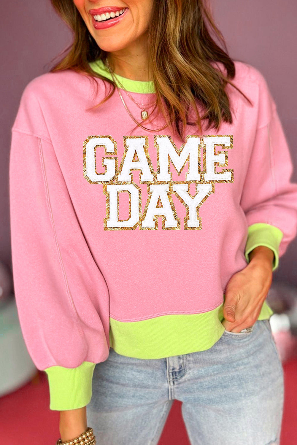 Pink GAME DAY Graphic Color Block Crew Neck Sweatshirt