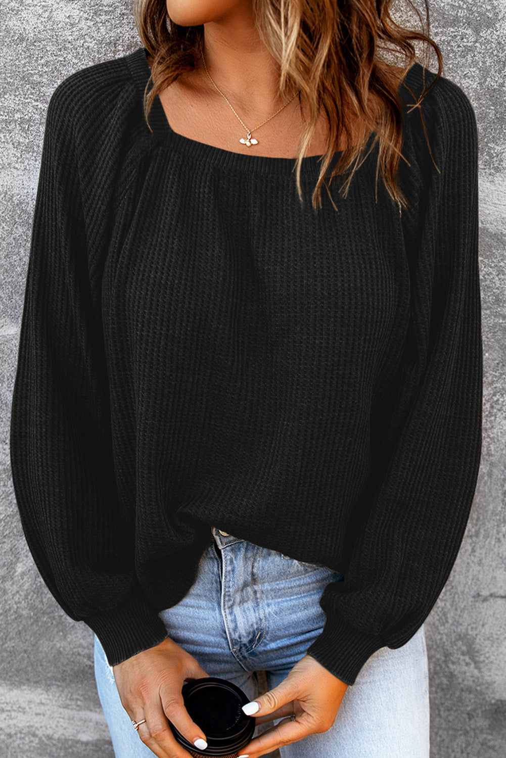 Apricot Waffle Texture Square Neck Pullover Top