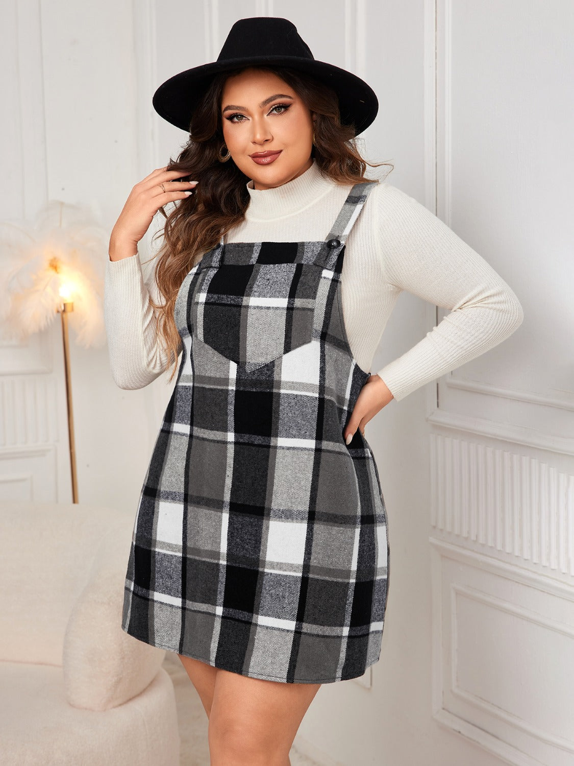 plaid dress black and white Empyre Dia & Mini please reference adult size chart for this item Button front placket with ruffle trim Allover buffalo plaid Self Plaid Sleeveless Dress White/Black