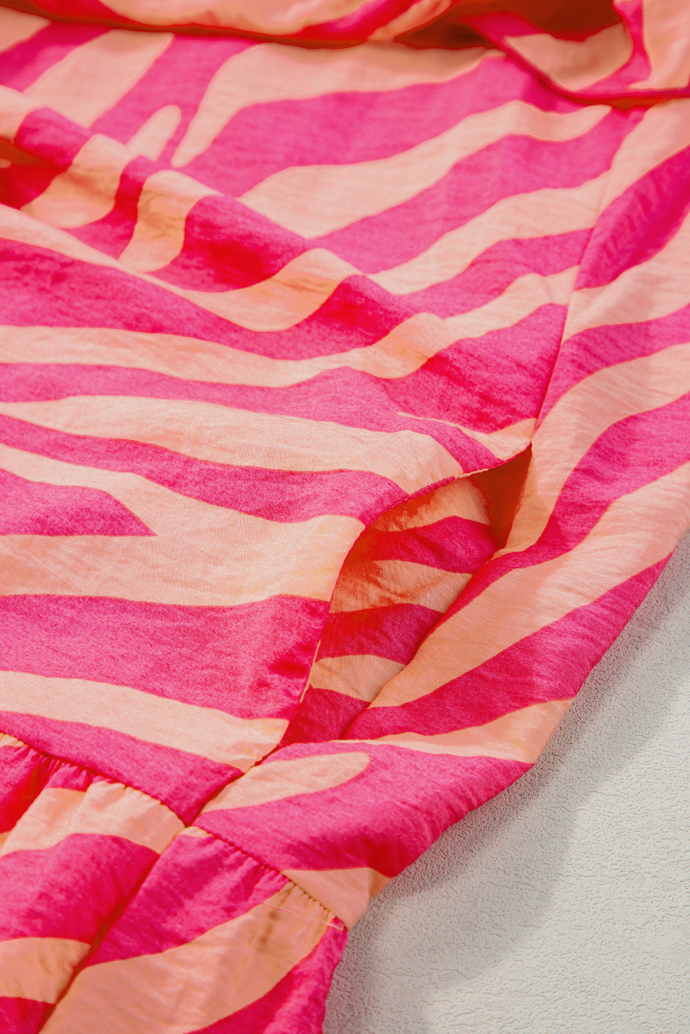 Pink Zebra Stripe Print Ruffle Trim Pocketed Mini Dress