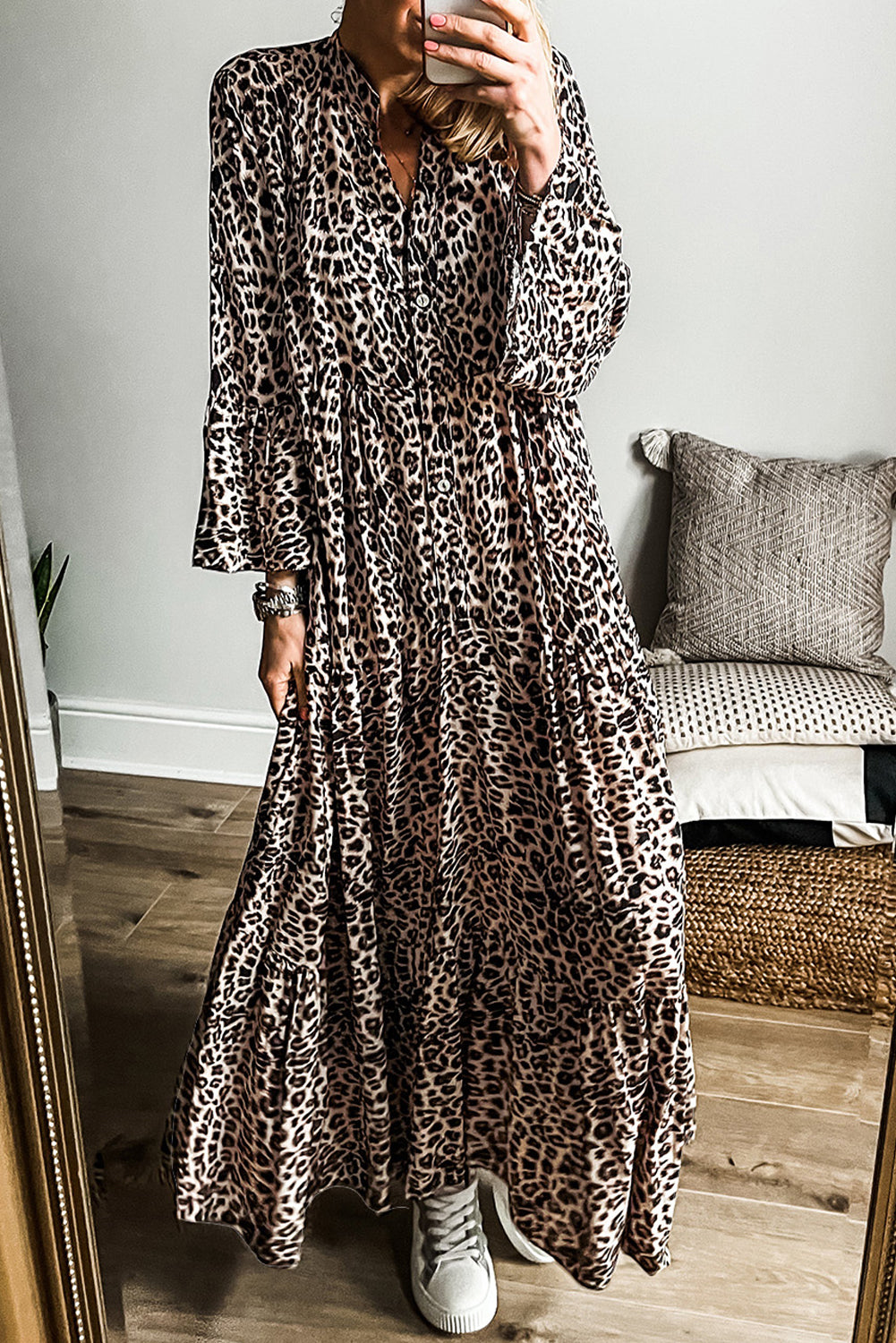 Apricot Leopard Print Tiered Wide Sleeve Maxi Dress SavvyRoseBoutique Apricot Leopard Print Tiered Wide Sleeve Maxi Dress SavvyRoseBoutique