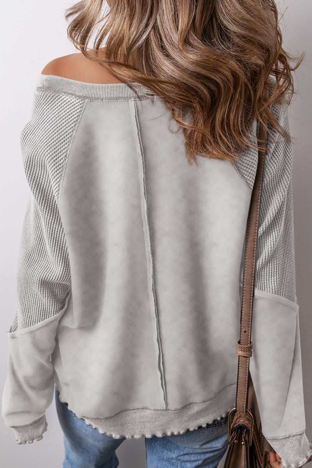 Orchid Petal Waffle Patchwork Raglan Sleeve Exposed Seam Sweatshirt