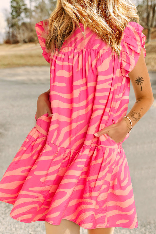 Pink Zebra Stripe Print Ruffle Trim Pocketed Mini Dress