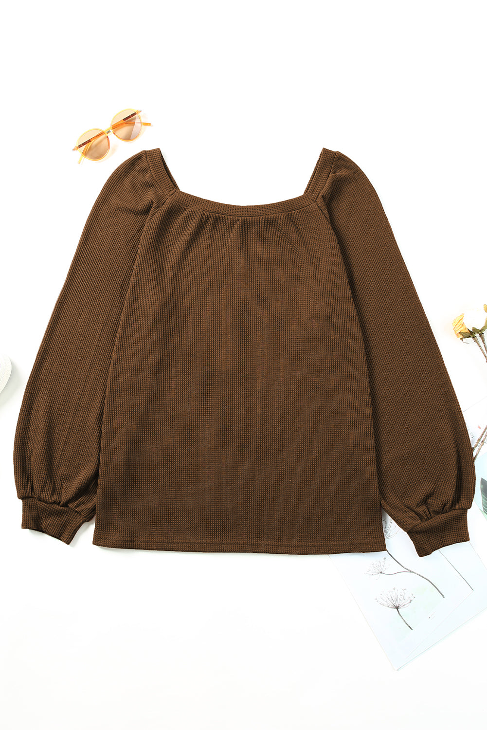 Apricot Waffle Texture Square Neck Pullover Top