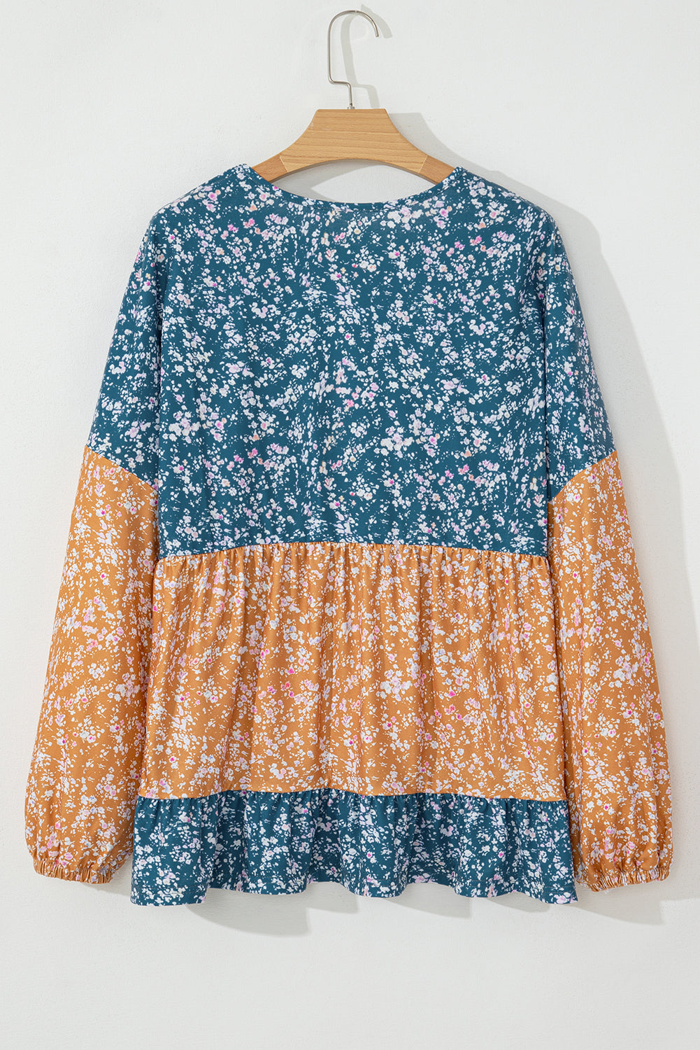Blue Ditsy Floral Color Block Ruffle Hem Long Sleeve Top