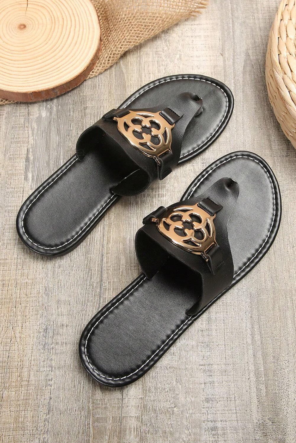 White Vintage Metal Decor Leather Thong Slides Shoes