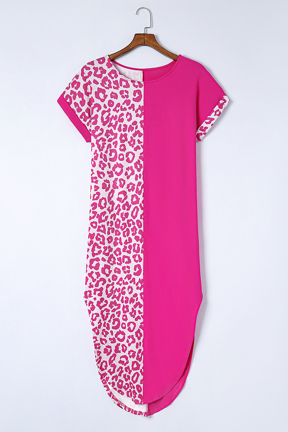 Rose Leopard Patchwork Pocket Casual T-Shirt Dress With Slits