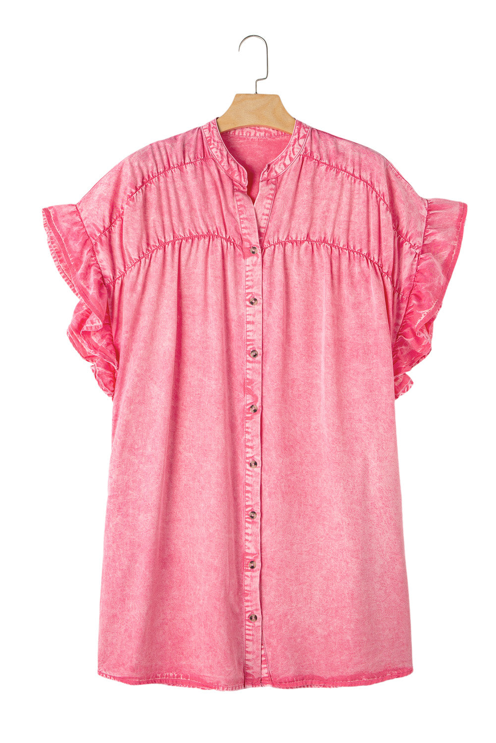 Pink Washed Ruffle Short Sleeve Ruched Denim Mini Dress