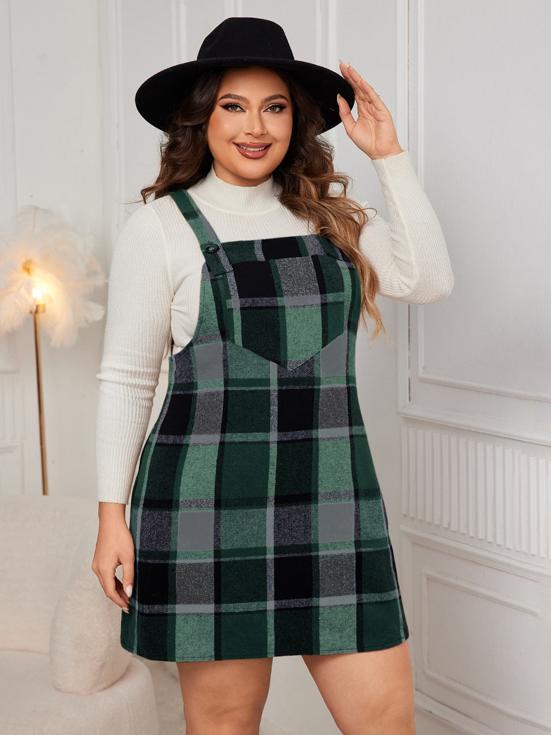 Wholesale MOQ6 Honey Plus Size Plaid Wide Strap Overall Dress Wholesale MOQ6 Honey Plus Size Plaid Wide Strap Overall Dress