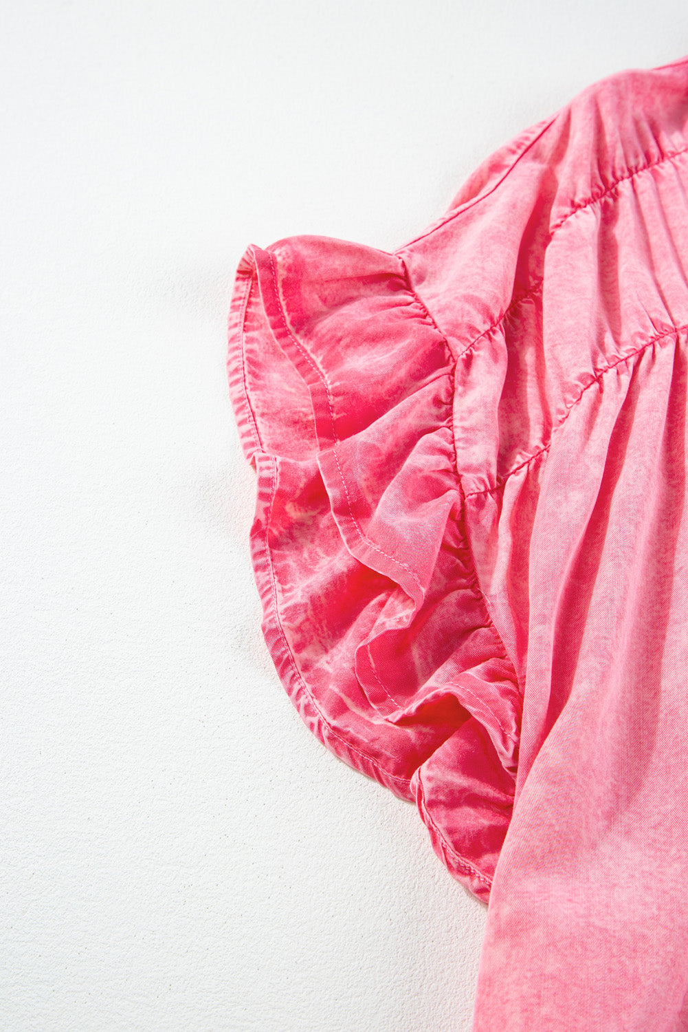 Pink Washed Ruffle Short Sleeve Ruched Denim Mini Dress