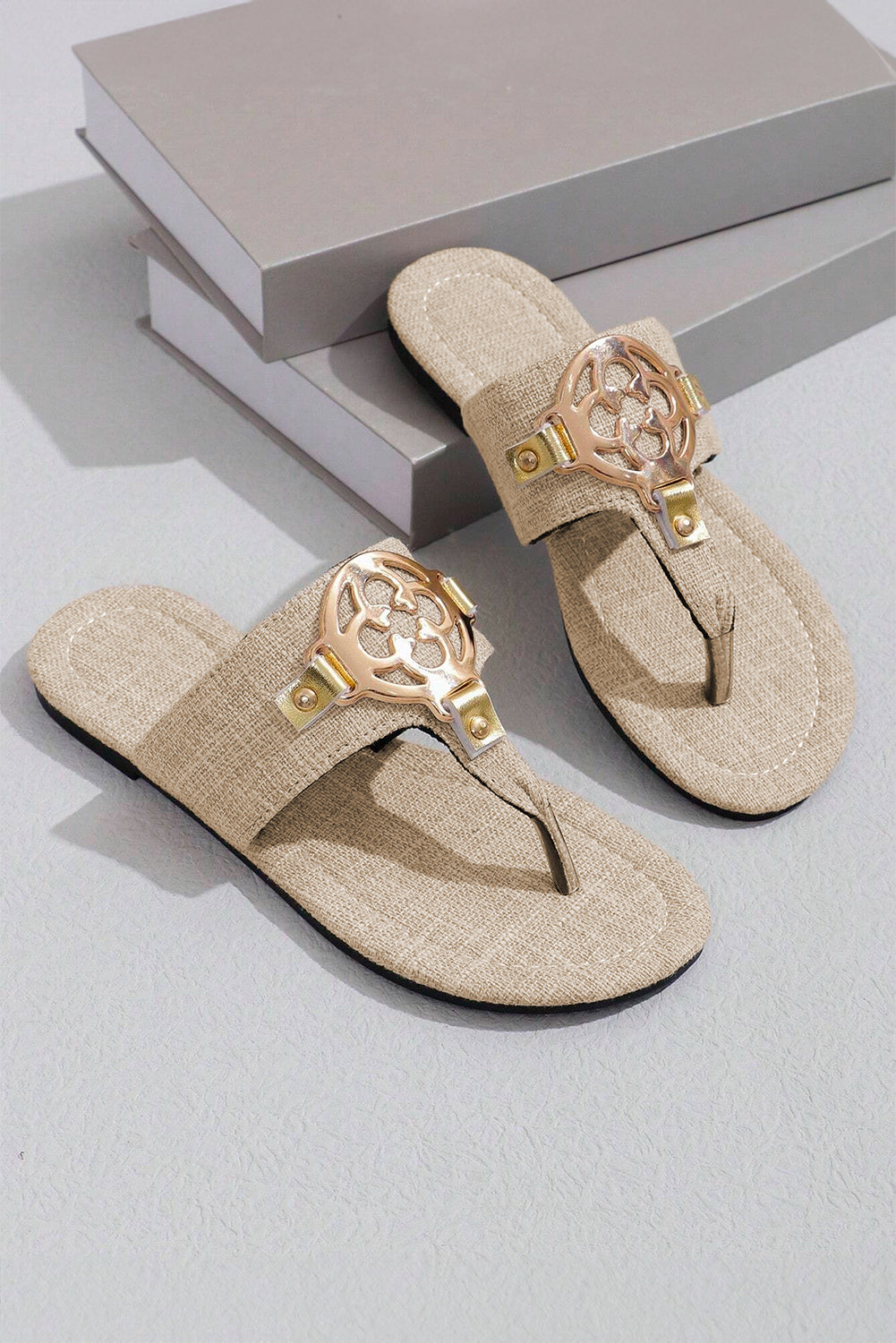 White Vintage Metal Decor Leather Thong Slides Shoes